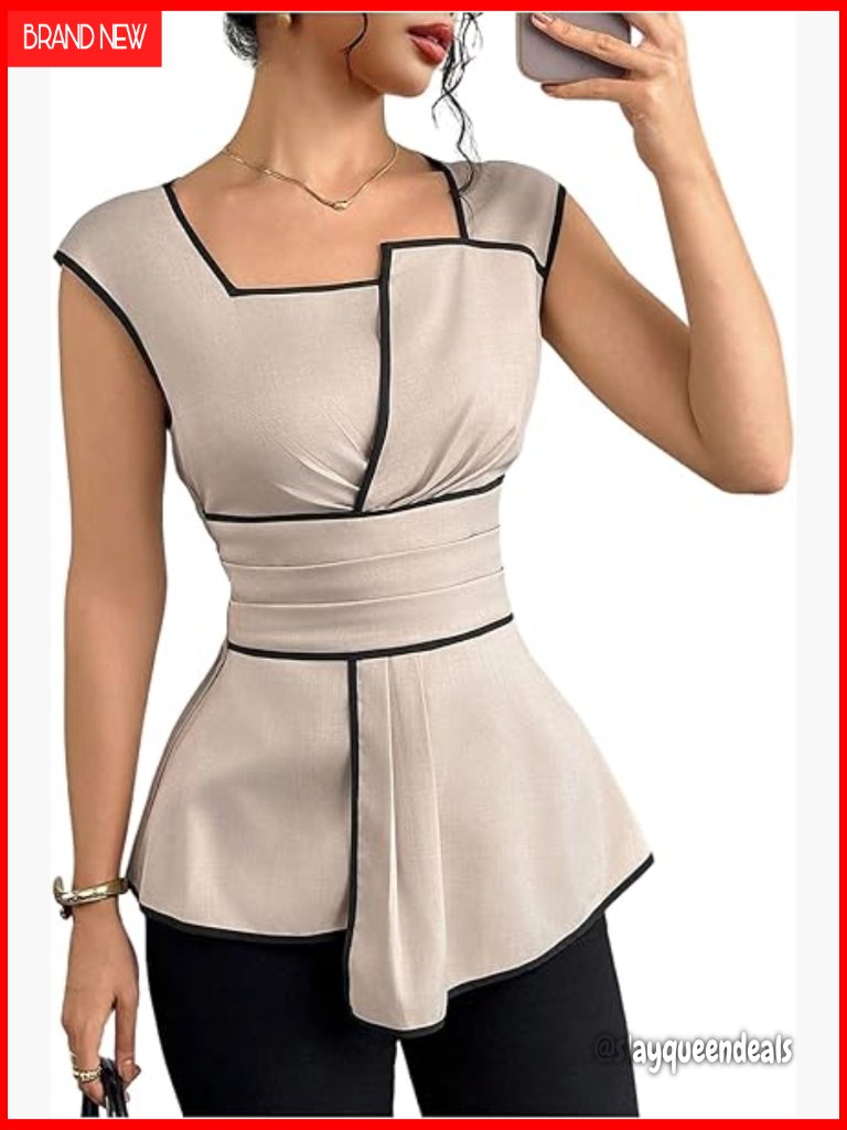 Square Neck Cap Sleeve Peplum Blouse Asymmetrical Summer Work Top